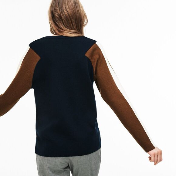 Lacoste Color Block CrewNeck Sweater Blue Brown Pullover Size 38 Wool Blend - Picture 2 of 10